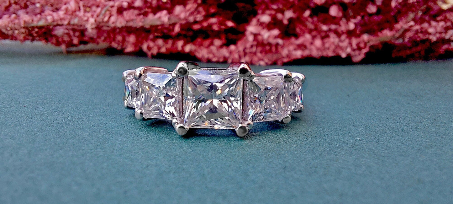Princess Cut 5 stone Moissanite anniversary ring, 5 stone engagement ring, 5 graduating princess cut ring, ring for women, ring for her