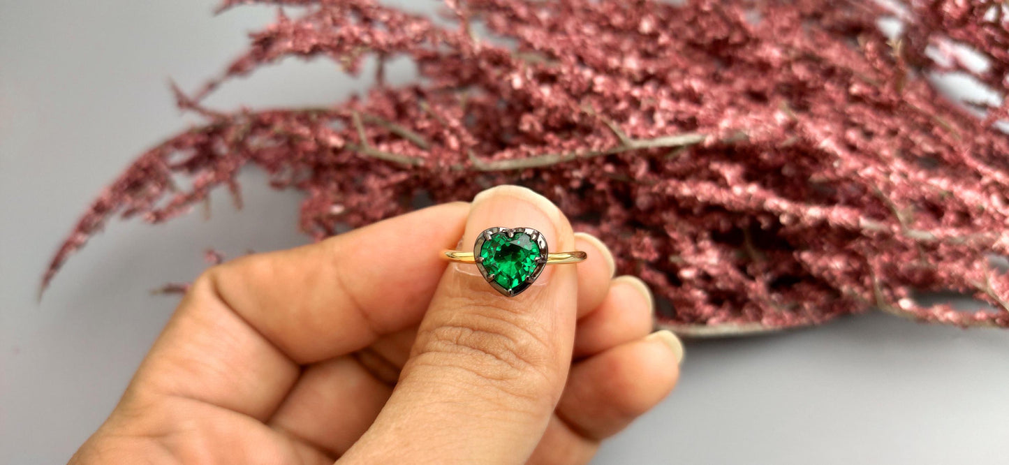 Lab Emerald Heart Cut Georgian cut down button back solitaire engagement ring, ring for her, ring for women, blackened gold stackable ring.