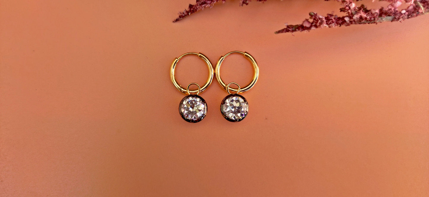 Old European Cut OEC Round Moissanite button back Georgian cut down Gypset, statement earring, blackened gold earrings.