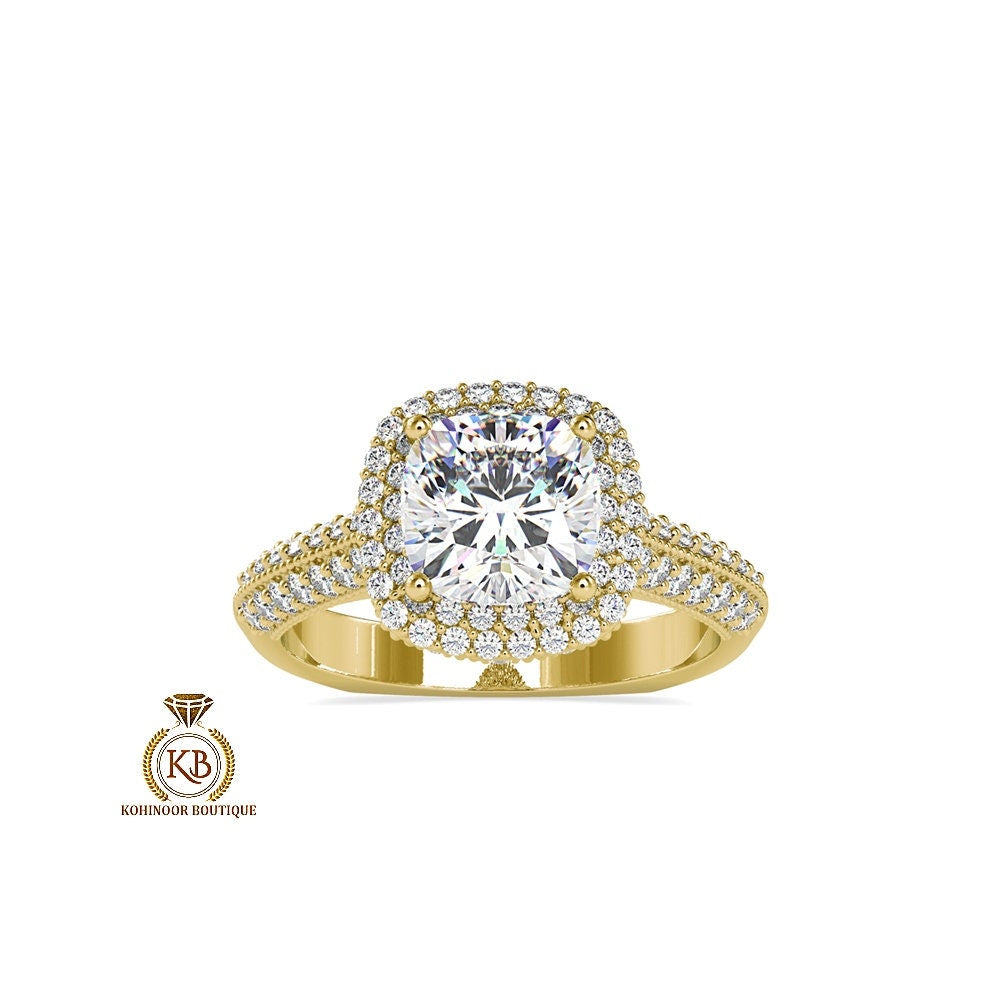 Vintage Cushion Cut Cathedral set Moissanite Double Halo double side pave milgrain pave basket and band art deco Engagement ring