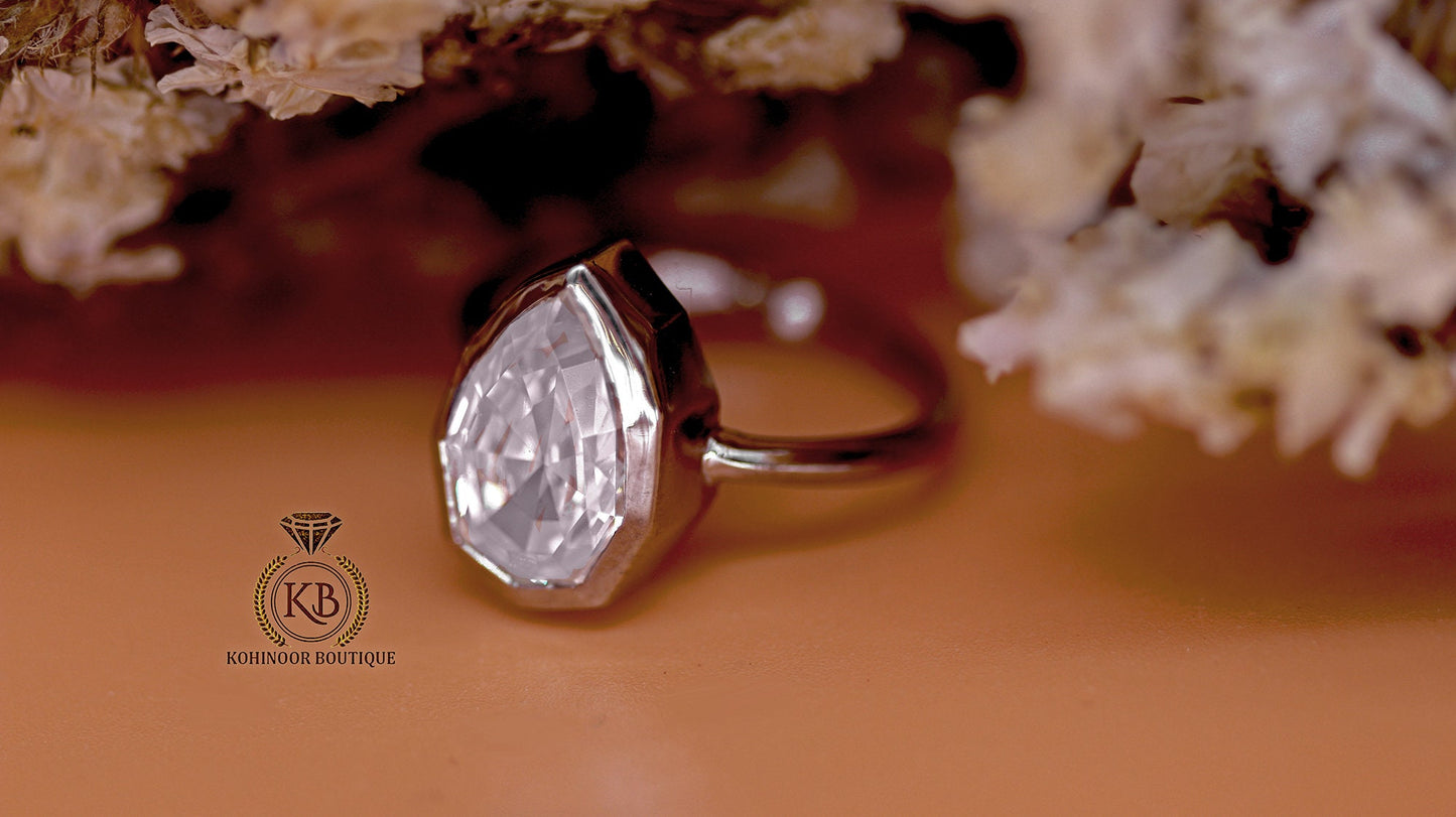 Step Cut Pear Moissanite Bezel Set Solitaire Engagement ring, art deco ring, ring for her, gift for women