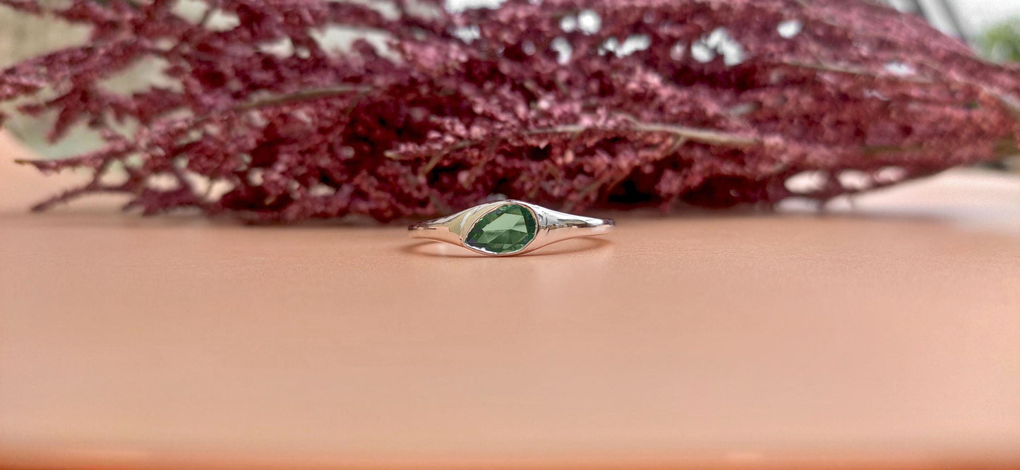 Green Rose Cut Pear Moissanite Signet ring, Gypsy Flush Set engagement proposal ring, Ring for her, low profile set ring, Ring for women