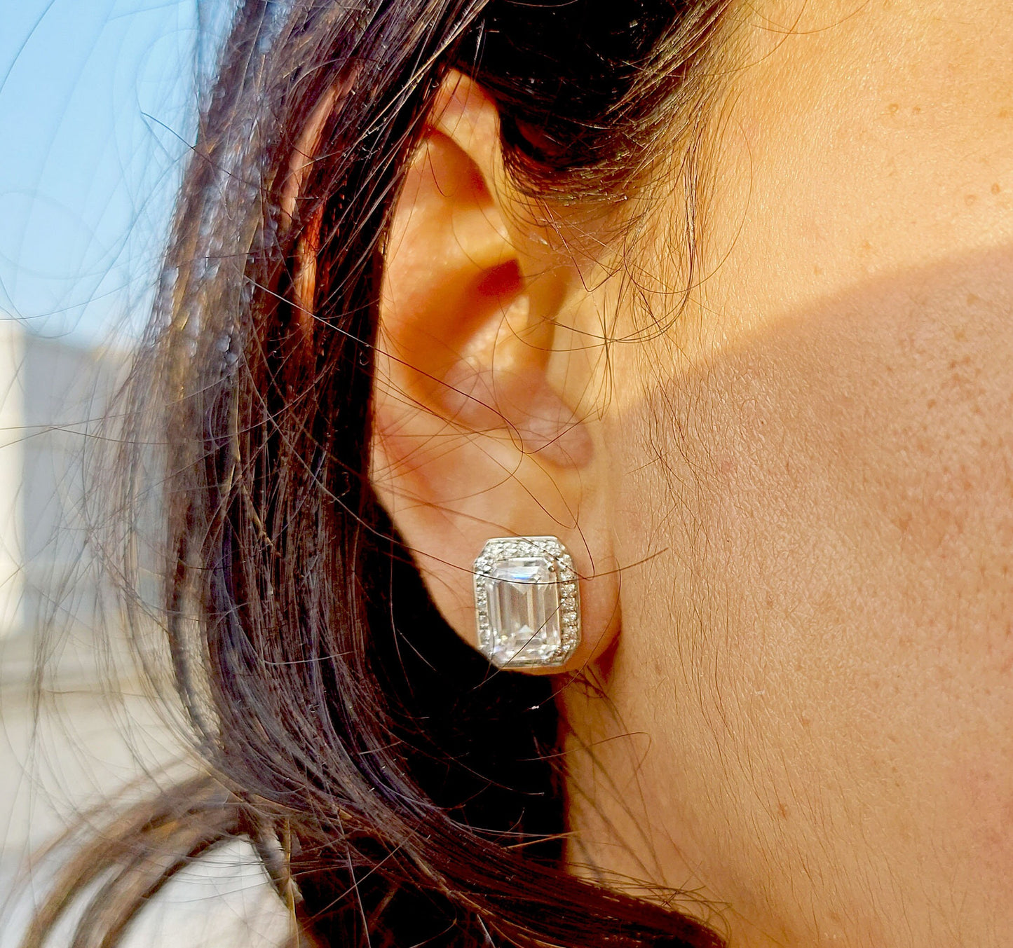 Emerald Cut Solitaire Moissanite Halo Stud Earrings,Moissanite Wedding Earrings,Push\Push Back Earrings,Anniversary Mother's Day Gift