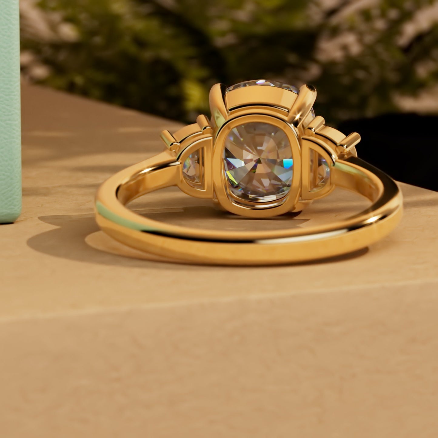 Old mine cut Elongated cushion and Half moon cut 3 stone Moissanite Engagement Ring Wedding anniversary gift for wife