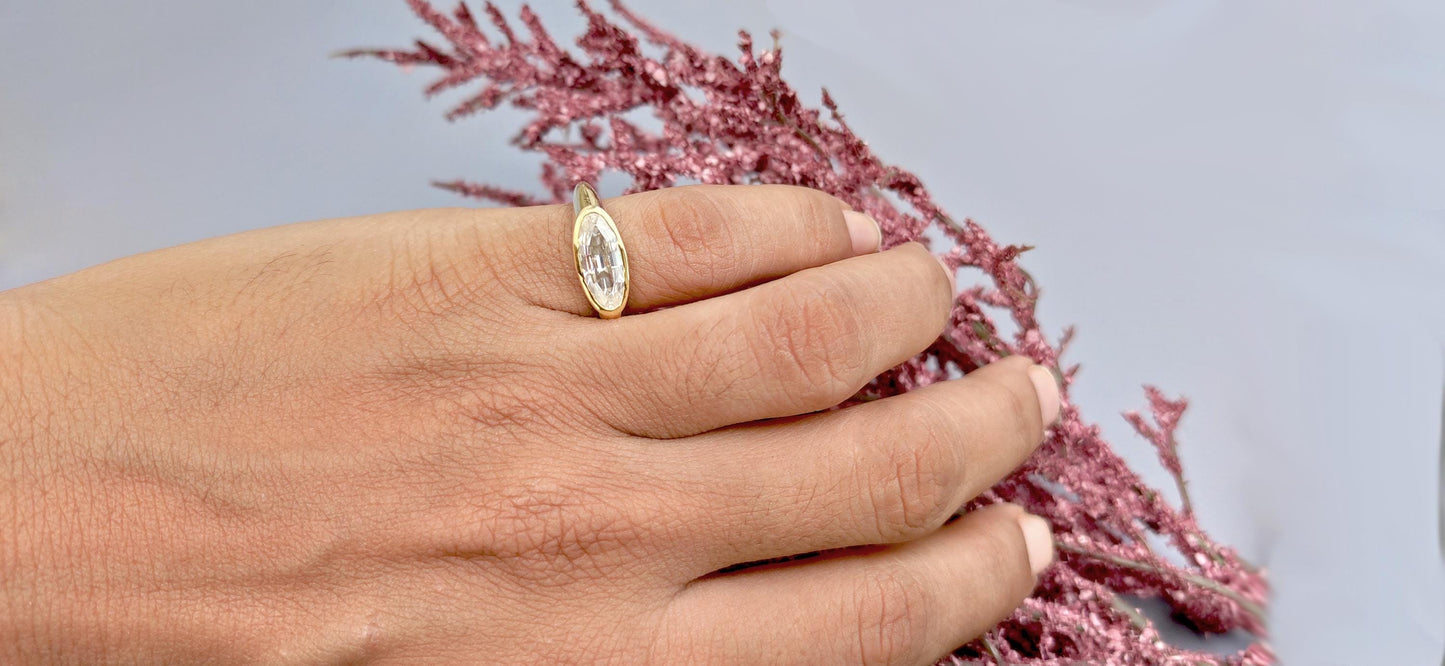 Elongated Step cut Moval Cut Moissanite Signet style ring, engagement ring ,Ring for women, ring for her, pinky finger right hand ring.