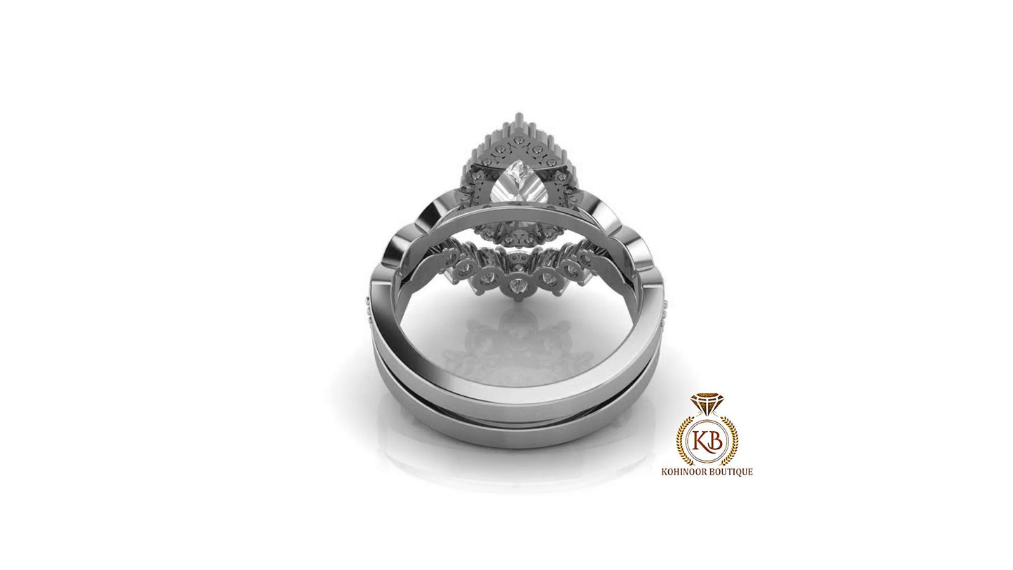 Pear Cut Halo Vintage Moissanite Engagement Ring, Wedding Bridal Set, Anniversary gift for wife, Ring for women