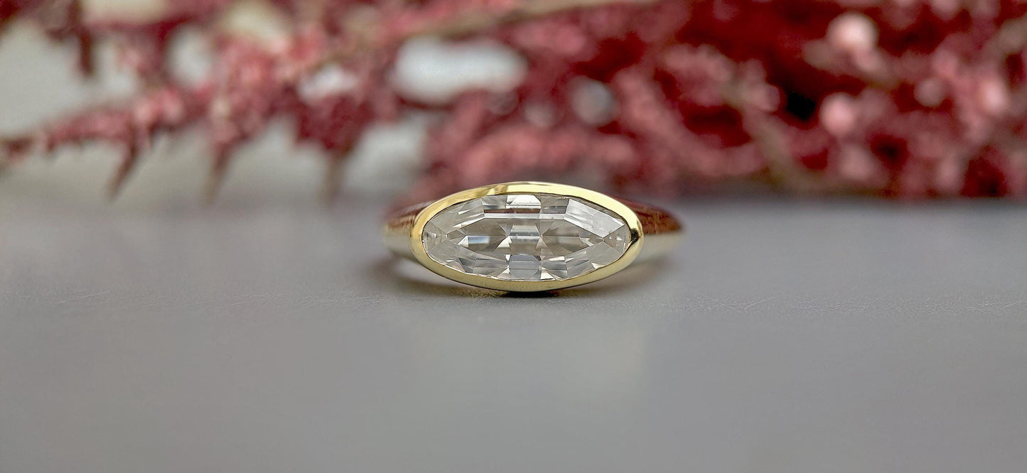 Elongated Step cut Moval Cut Moissanite Signet style ring, engagement ring ,Ring for women, ring for her, pinky finger right hand ring.