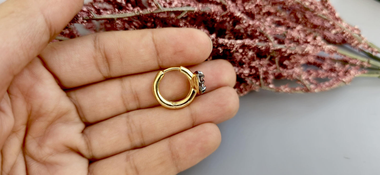 Georgian Victorian Style Lab Grown Diamond Hoops, Georgian cut down Button back blackened gold huggie, Wedding Earring.