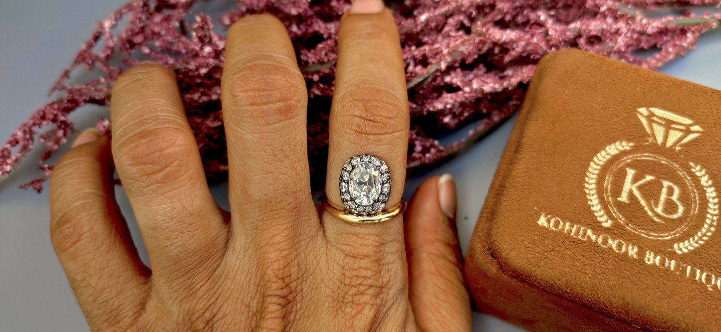 Floating Old mine cut Oval Halo set Georgian Moissanite Solitaire Engagement ring, Ring for her, right hand ring, Vintage Pave basket ring