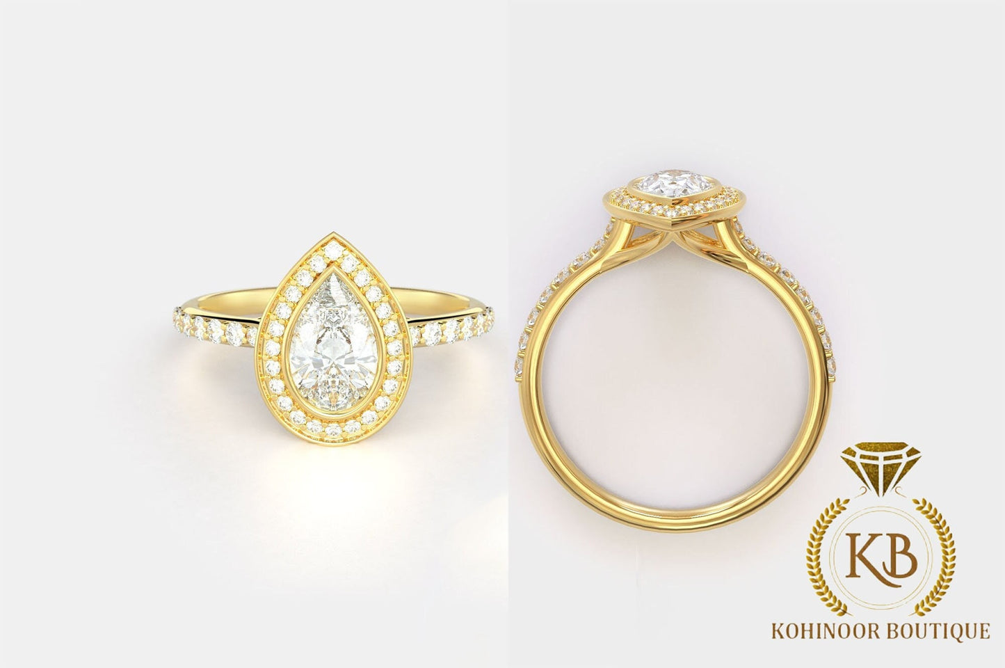 Pear Cut Moissanite Halo solitaire with side pave cross over shank engagement ring, low profile ring for women, gift for wife.