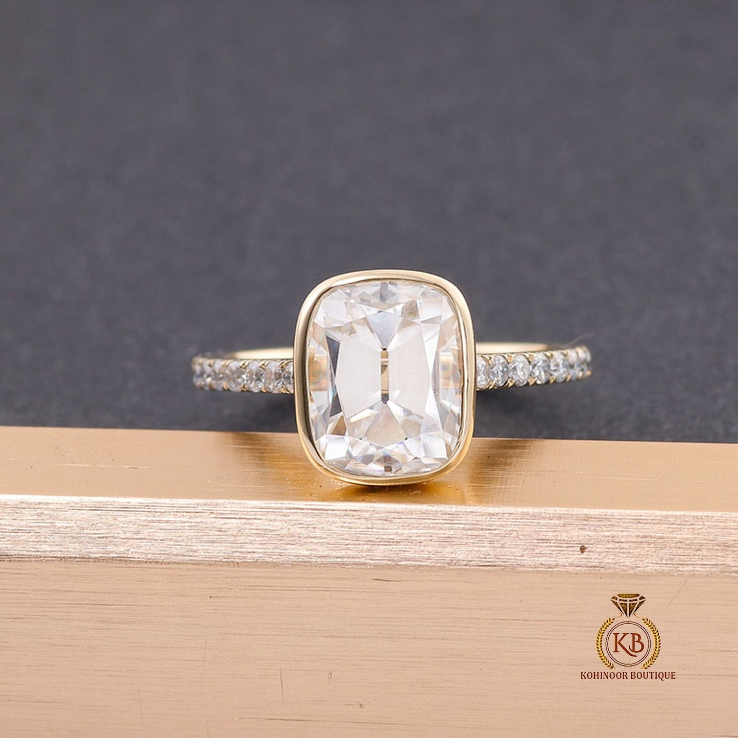Old Mine Cut OMC Elongated Cushion Cut Bezel Cathedral set with side pave Moissanite Engagement Ring, Antique Bezel Set ring.