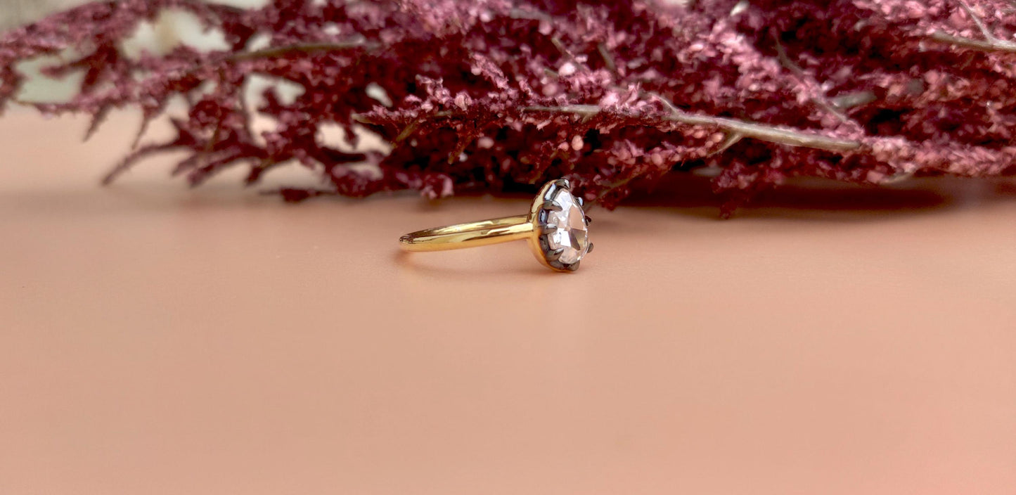 Rose Cut Pear Moissanite Collet set Ring, Georgian cut down set art deco ring, Gift Ring for her, Edwardian ring, Blackened gold ring