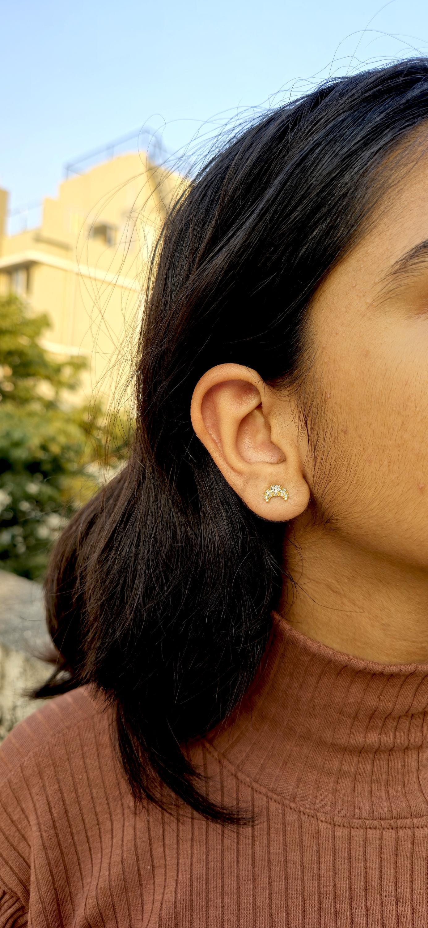 Croissant shape Lab grown cluster studs for her, Earrings studs for women