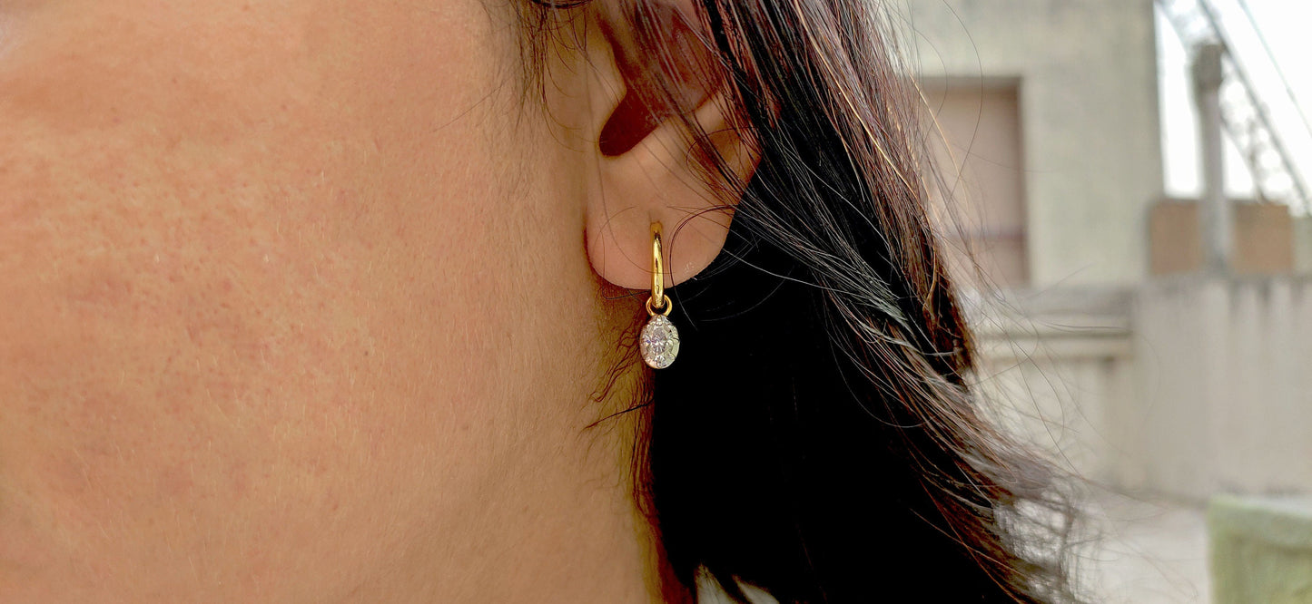 Oval Moissanite button back Georgian cut down Gypset huggie, removable hoops, statement earring, blackened gold earrings.