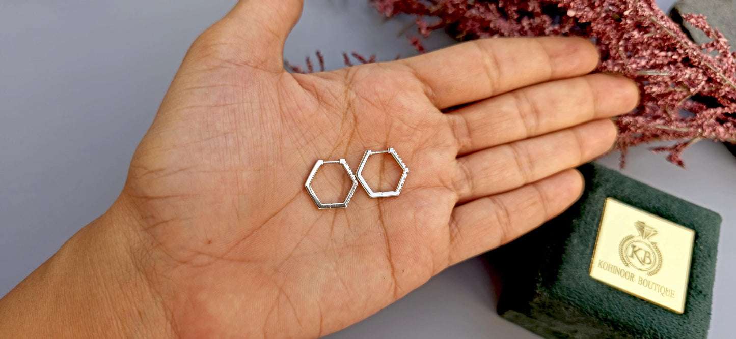 Pavé Hexagon Moissanite Hoops earrings, Statement earrings available in Silver, 18k\14k\10k White\Yellow\Rose Gold and Platinum