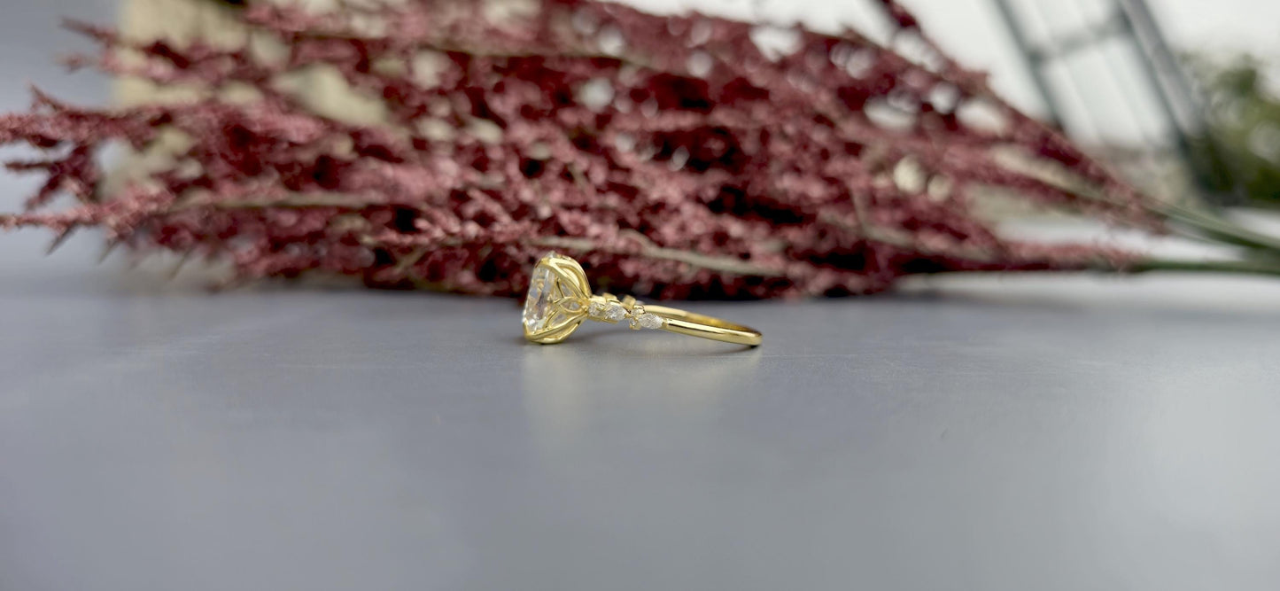 Elongated Cushion Cut Moissanite Tulip basket set with side marquise pave on band Engagement Ring, Proposal ring, ring gift for her