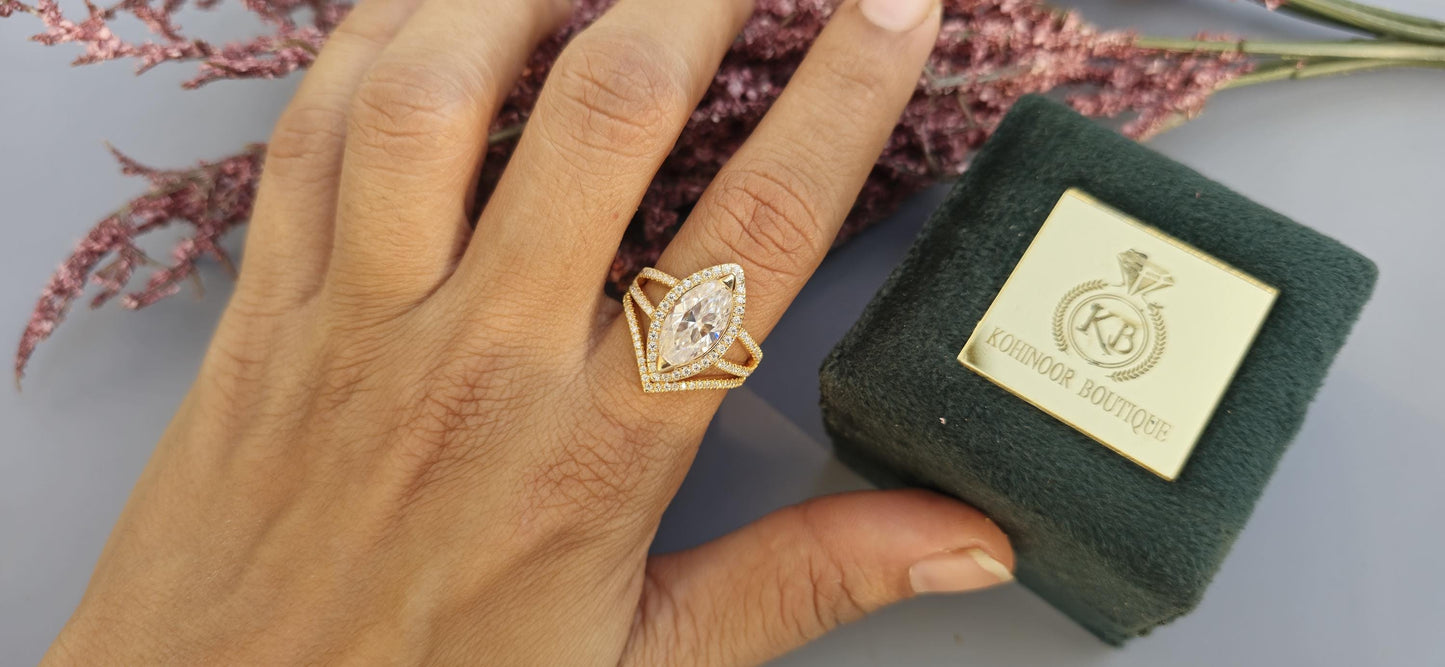 Marquise Cut Halo Moissanite Engagement Ring, Wedding Bridal Set, Anniversary gift for wife, Ring for women