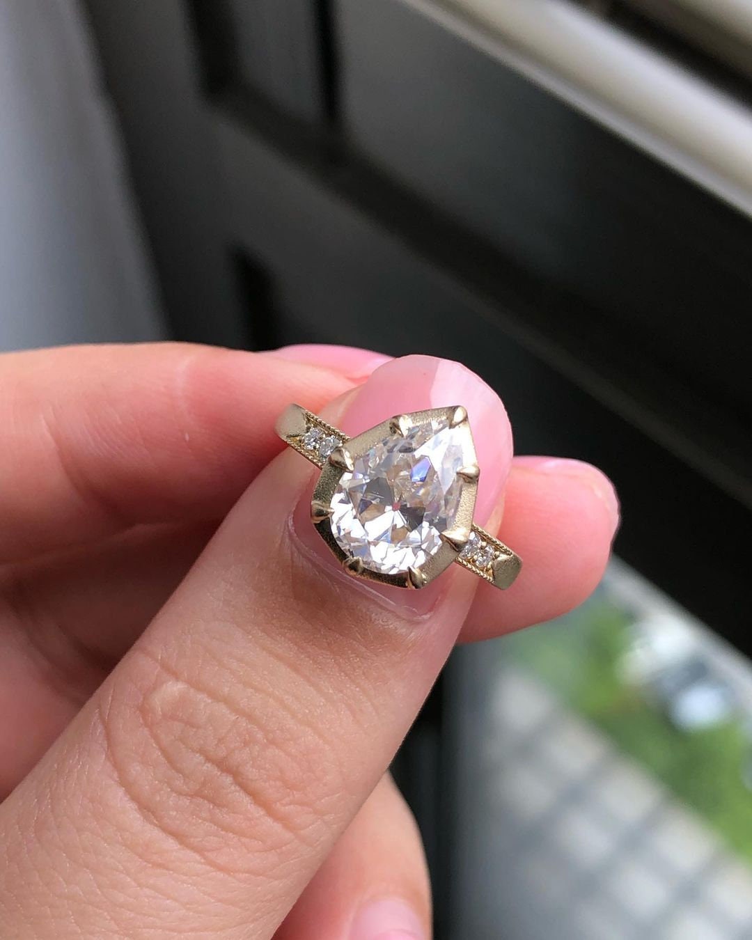 Pear Georgian Cut Down Moissanite Solitaire Engagement Ring, also available in button back setting