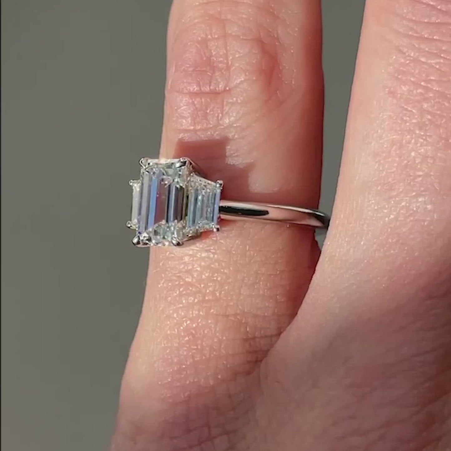 Emerald & Trapezoid 3 stone moissanite Engagement ring, ring for her, gift for women, 3 stone anniversary ring, proposal ring.