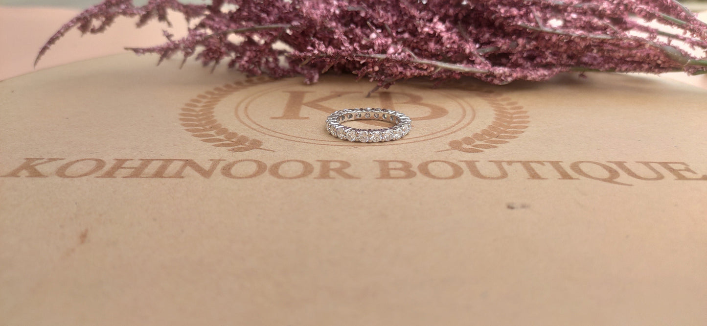 Ready to ship 3 mm Classic Round Cut Moissanite eternity band in silver Size US 6