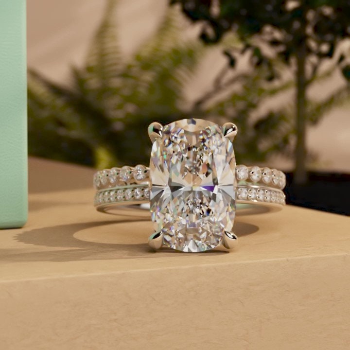 Elongated Cushion Cut Pave Basket Moissanite Engagement Ring, Wedding Bridal Set, Anniversary gift for wife, Ring for women