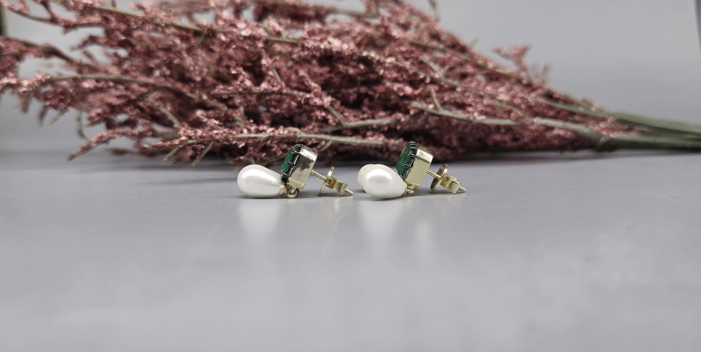 Lab grown Emerald with inclusion Georgian cut down Emerald studs with dangling pearl, statement earring, blackened gold earrings.