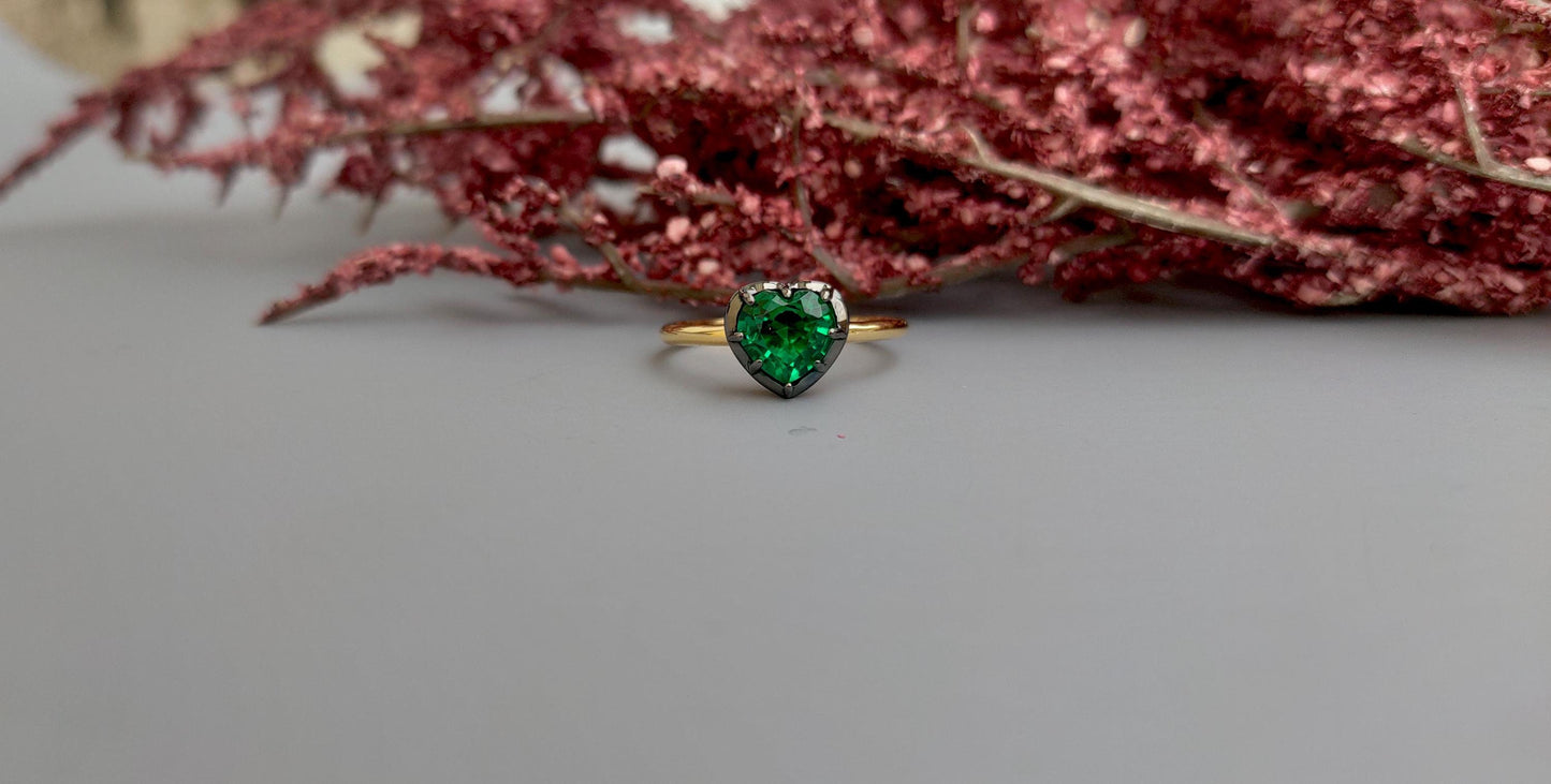 Lab Emerald Heart Cut Georgian cut down button back solitaire engagement ring, ring for her, ring for women, blackened gold stackable ring.