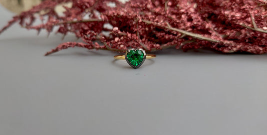 Lab Emerald Heart Cut Georgian cut down button back solitaire engagement ring, ring for her, ring for women, blackened gold stackable ring.