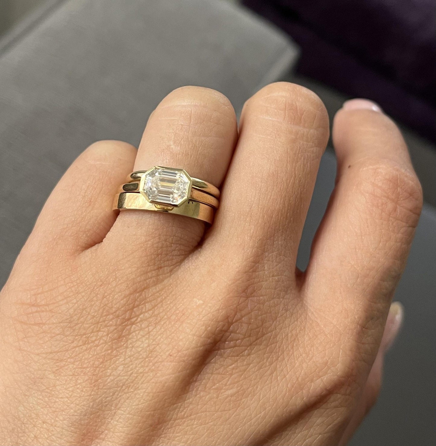 Emerald Cut Moissanite Bezel Engagement solitaire ring without band, right hand ring, statement moissanite ring, ring for women