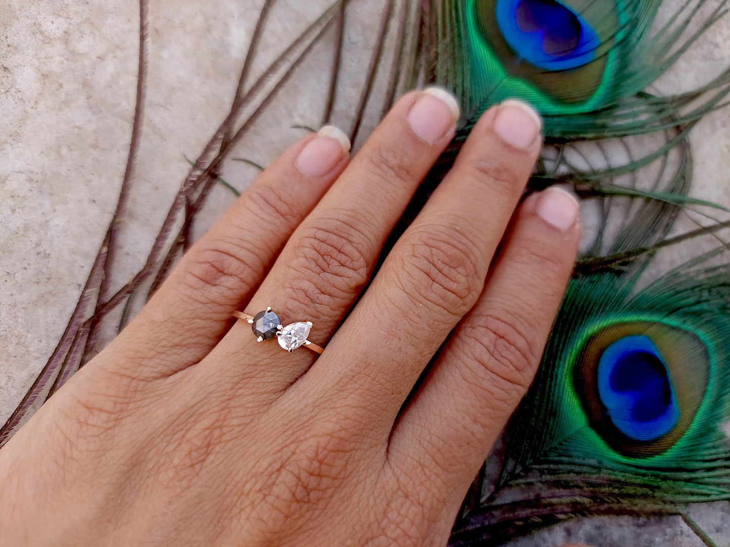 Toi et Moi Salt and Pepper with Moissanite with Pear diamond two stone Engagement ring,Can be ized in any shape & size,Celebrity 2022 trend