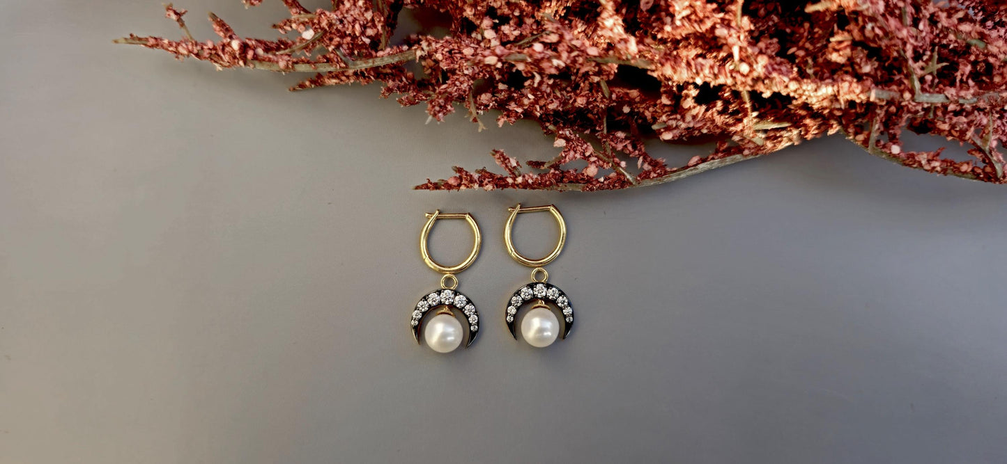 Half moon Moissanite button back Georgian cut down Huggie,2 in 1  statement earring, blackened gold earrings.
