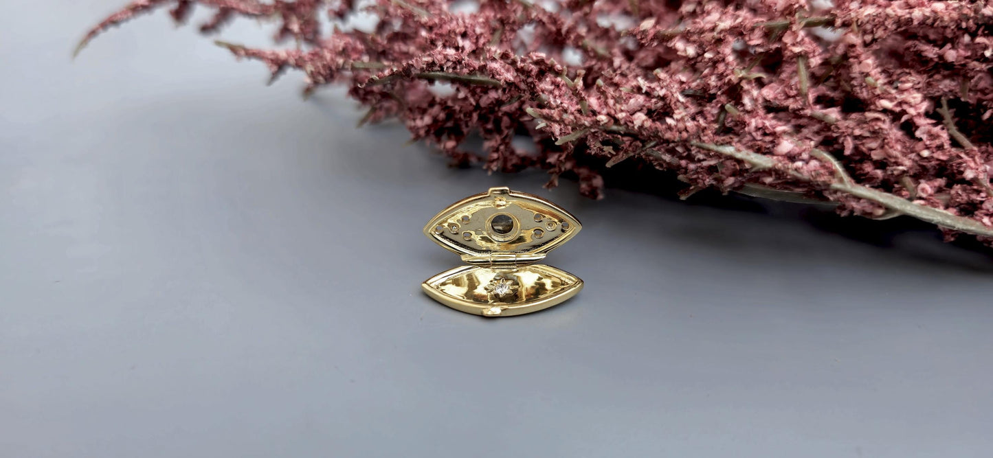 Evil eye pendant, Salt and pepper with lab grown diamond Third Eye talisman charm locket, anniversary birthday gift pendant for women, wife