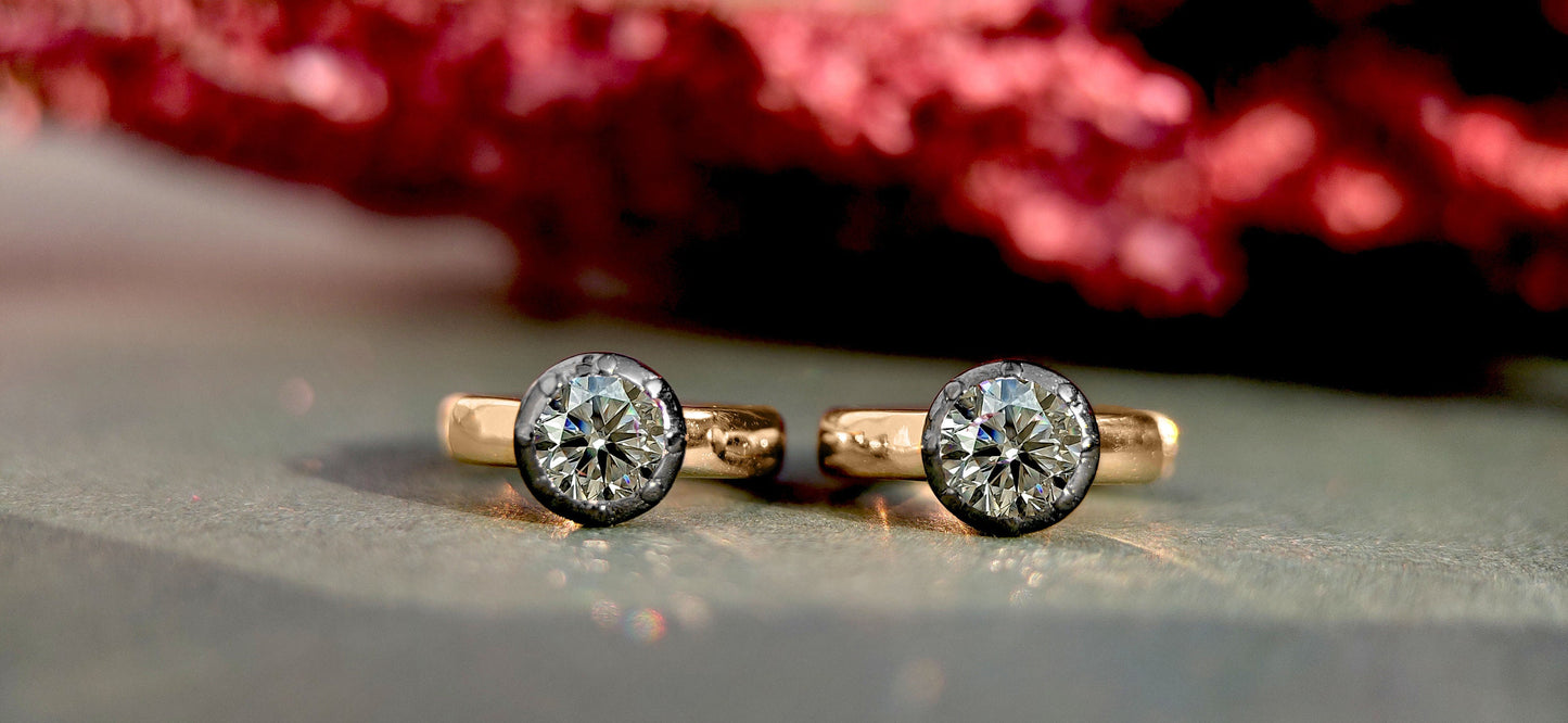 Georgian Victorian Style Moissanite Hoops, Georgian cut down Button back huggie, Blackened Gold Stud Earrings, Wedding Earring.