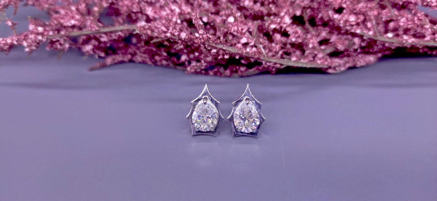 Pear Cut Moissanite in Georgian cut down setting, Solitaire Stud Earrings, Wedding Earrings,Push Back Earrings,Anniversary Studs