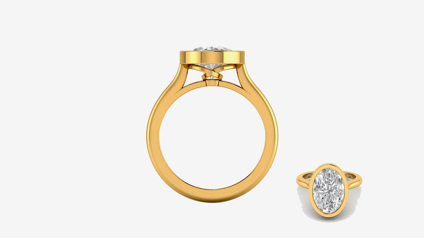 Oval Cut Moissanite Bezel set with twisted basket Solitaire Engagement Ring, Customisable in any size and shape of moissanite.