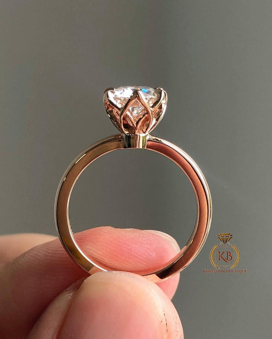 Round Moissanite Tulip Lotus flower basket Solitaire Engagement Ring Promise\proposal Ring.