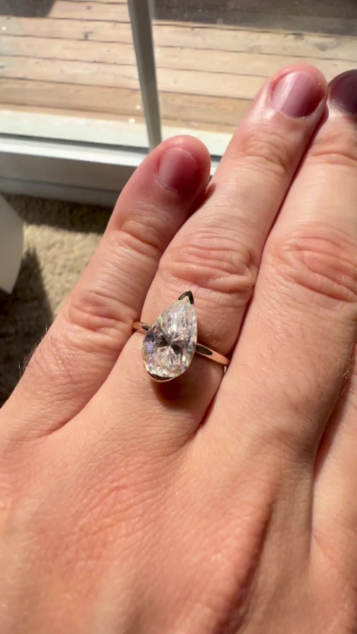 Pear cut Half Bezel Moissanite Solitaire Engagement Ring , Promise\proposal Ring available in 18k\14k\10k White\Yellow\Rose Gold