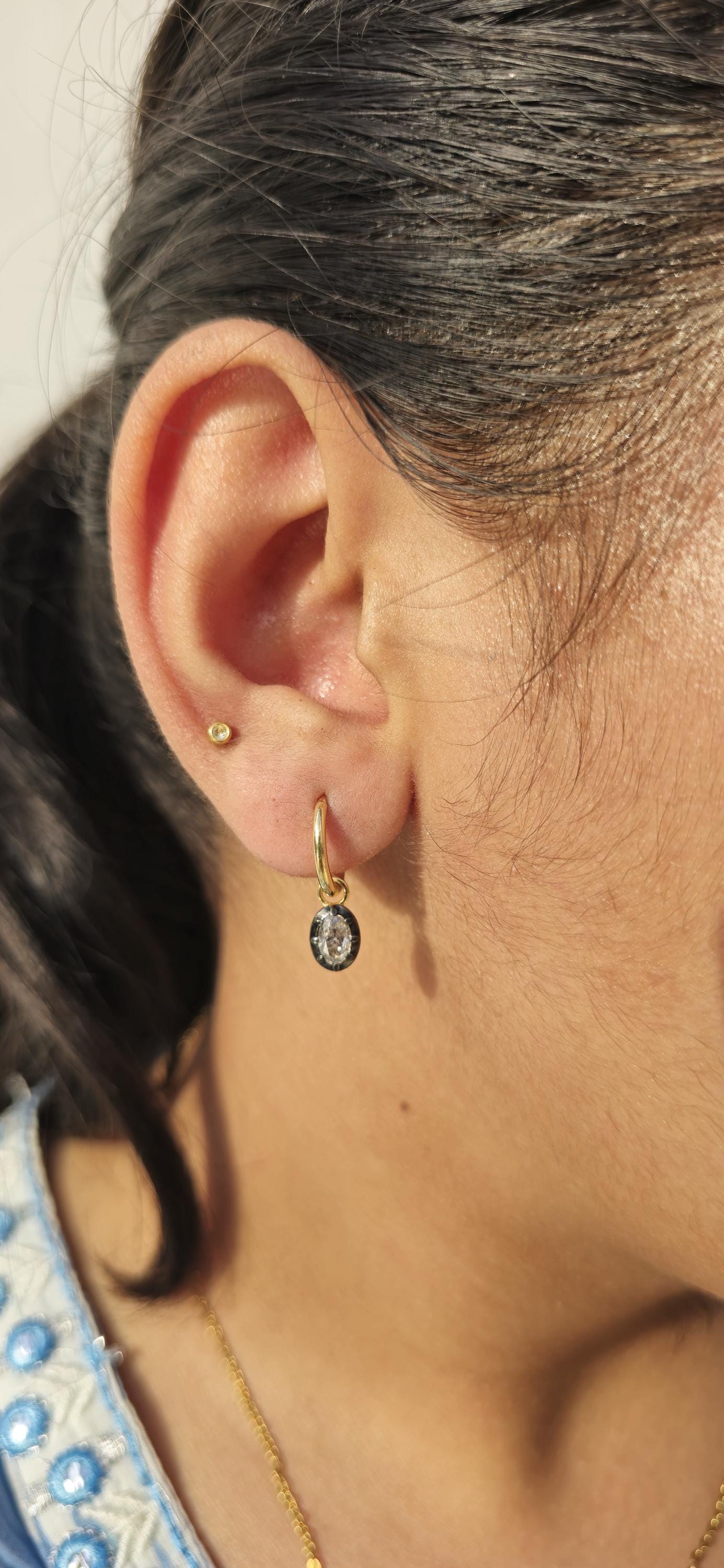 Oval Moissanite button back Georgian cut down Gypset huggie, removable hoops, statement earring, blackened gold earrings.