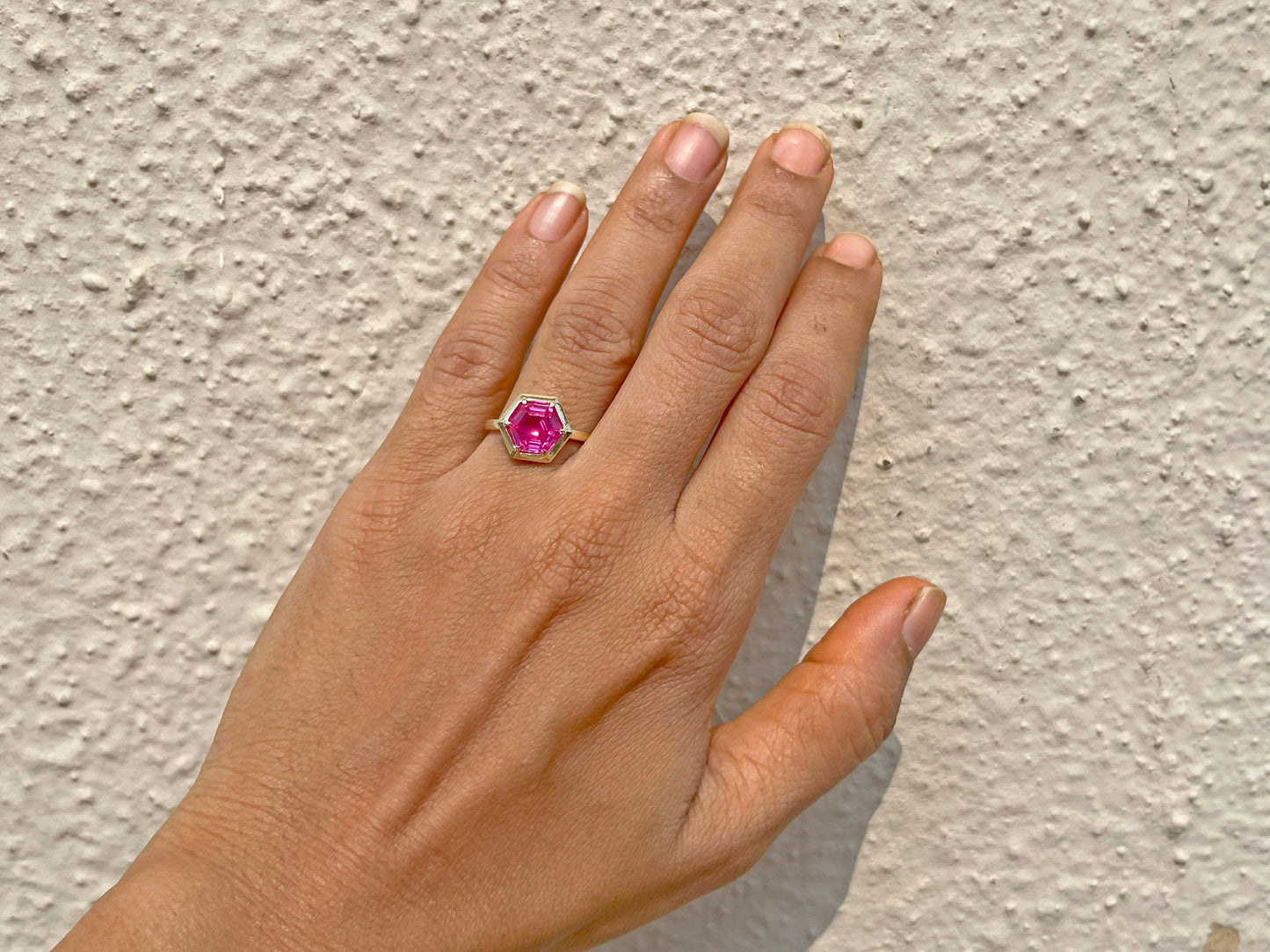 Pink Lab Sapphire Hexagon shaped Bezel set Georgian cut down set Solitaire Engagement ring Promise Ring for Modern Brides, ring for her