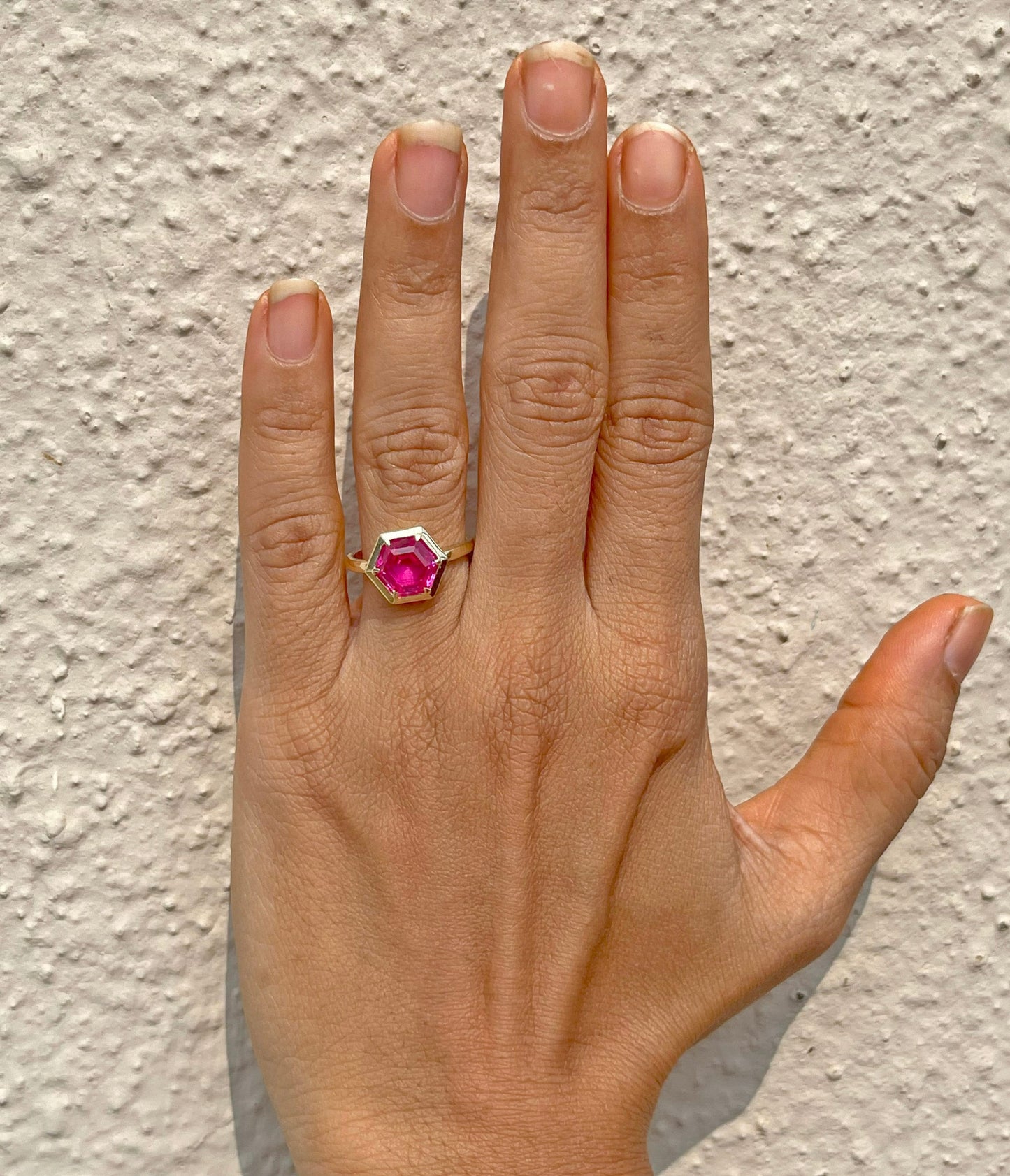 Pink Lab Sapphire Hexagon shaped Bezel set Georgian cut down set Solitaire Engagement ring Promise Ring for Modern Brides, ring for her