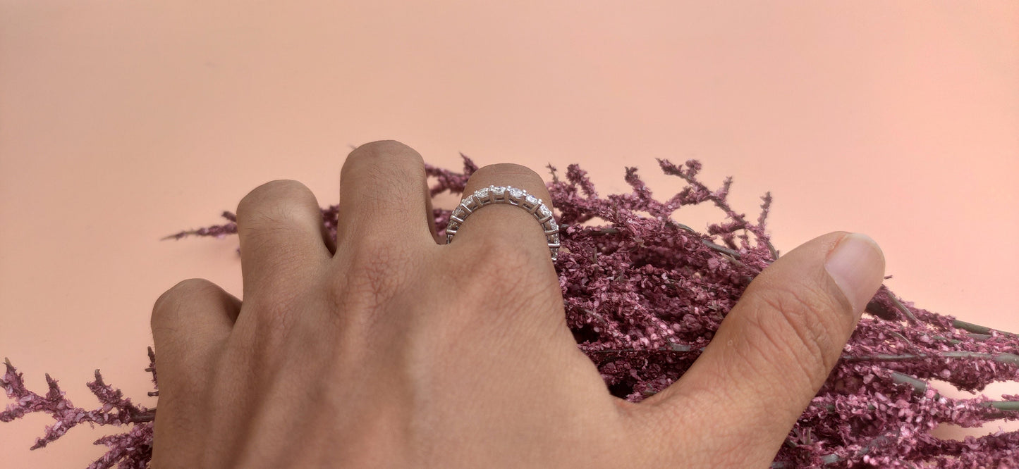 Ready to ship 3 mm Classic Round Cut Moissanite eternity band in silver Size US 6