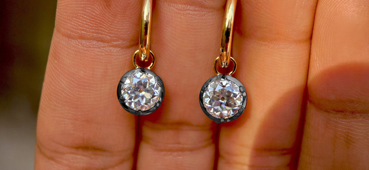 Old European Cut OEC Round Moissanite button back Georgian cut down Gypset, statement earring, blackened gold earrings.