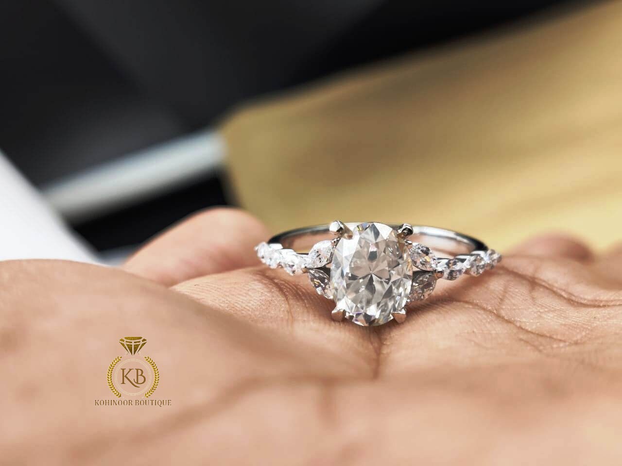 Oval & Marquise Moissanite Engagement ring, floral and petal moissanite ring, ring for her, gift for women, promise proposal ring.