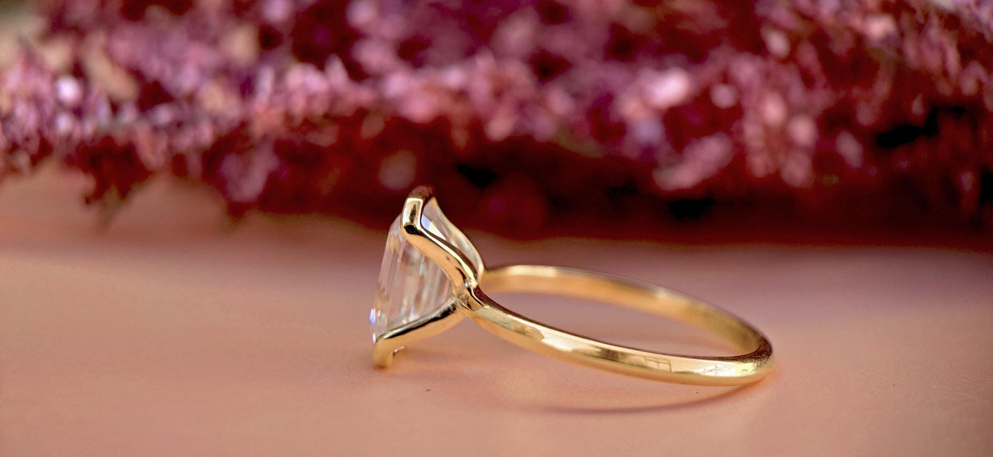 Half Bezel Set Emerald Moissanite Solitaire ring with Knife edge band, Engagement ring for her, ring for women.