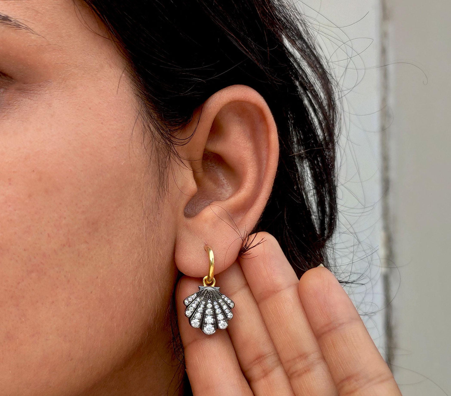 Lab grown diamond Shell shaped Georgian cut down button back set earrings, Huggie for women, earrings for women