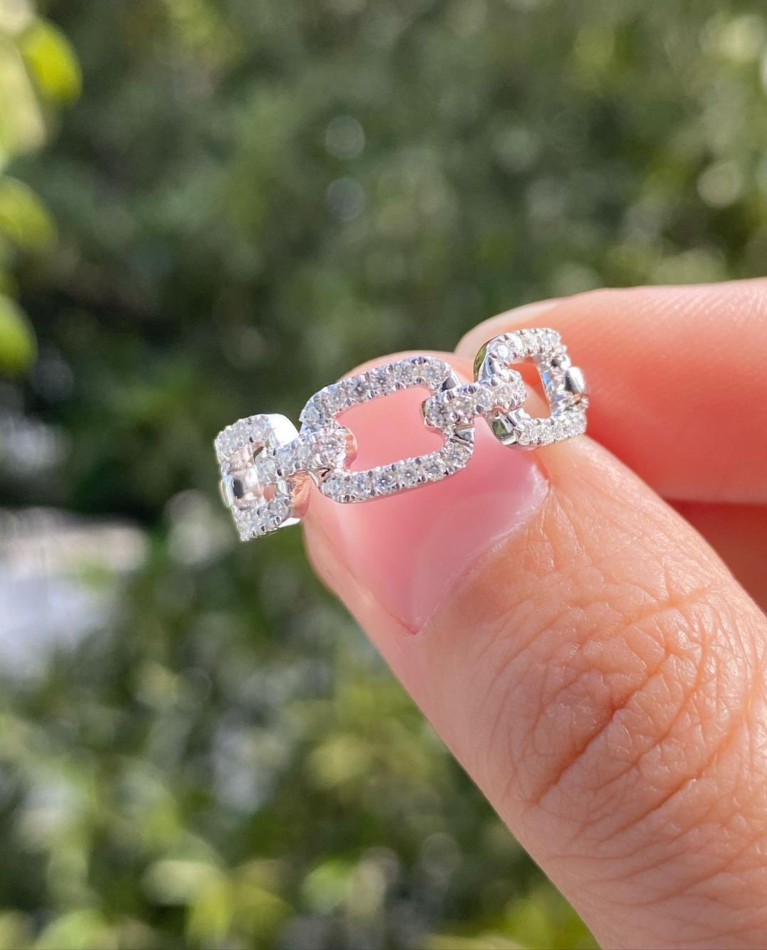 Moissanite Chain Link Ring, Half Eternity Stackable Band, Miami Cuban Curb Band Real Solid Gold, UNISEX Ring, Hip Hop Style, wedding band