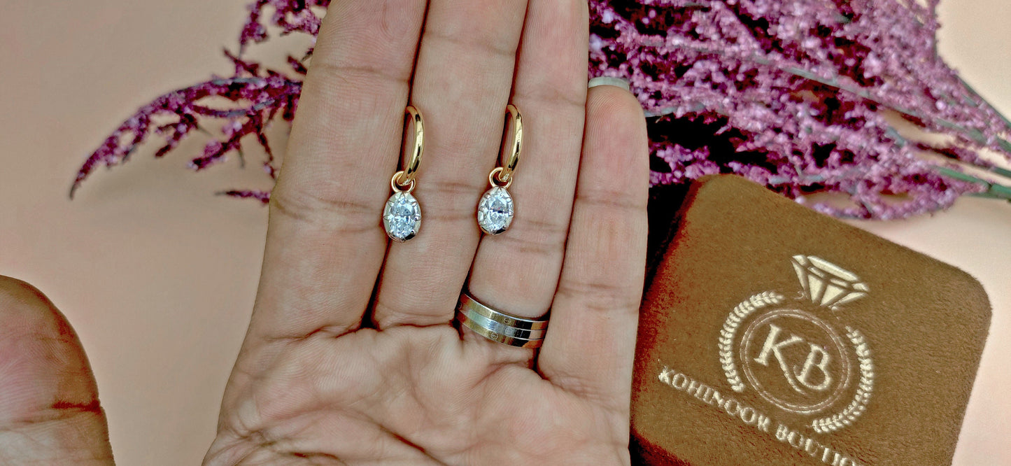 Oval Moissanite button back Georgian cut down Gypset huggie, removable hoops, statement earring, blackened gold earrings.