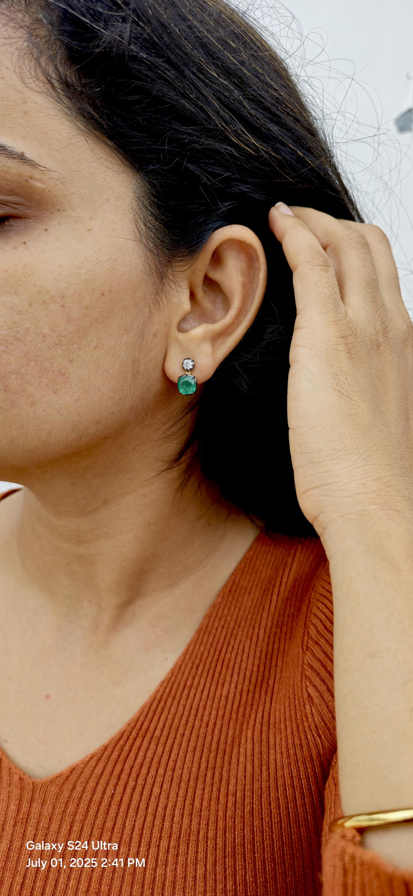 Georgian cut down button back set cushion Moissanite and lab grown Emerald Cushion earrings, Asymmetrical earrings