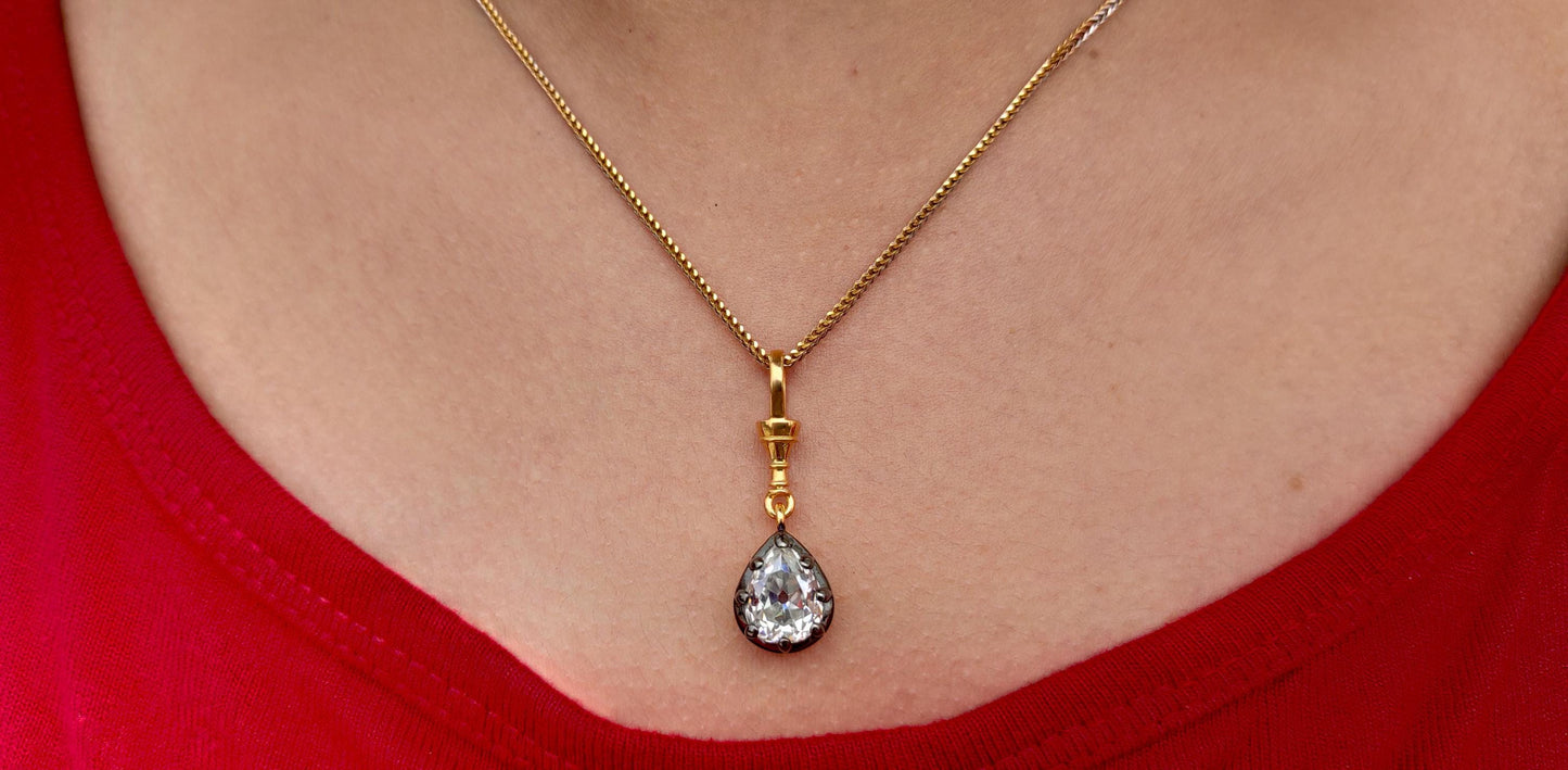 Old Mine Cut Antique Chubby Pear Cut Moissanite Swivel Clasp Pendant,Collet set Georgian cut down set Pendant without chain, Wedding Pendant