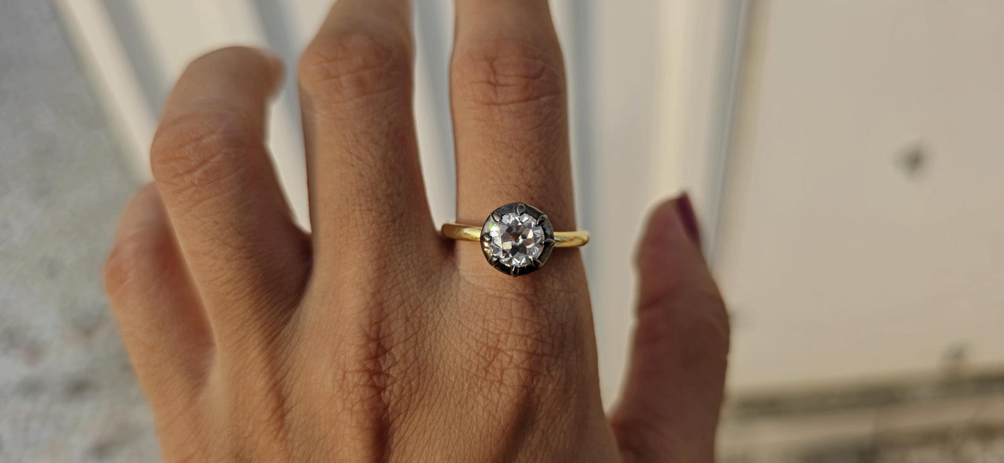 OEC Old European Cut Round Button Back Georgian Cut Down Set Moissanite Solitaire Engagement ring, ring for women, ring for her